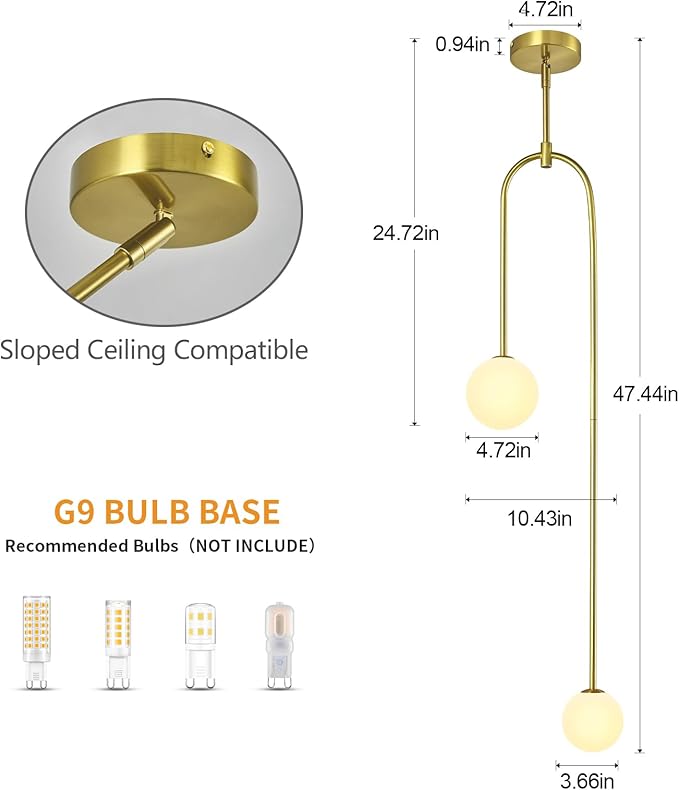 Modern Milk Glass Pendant Light 2 Light Mid Century Chandelier Small Glass Globe Gold Pendant Lights for Kitchen Island Bedroom Dining (Metal Tube Removable, 1 Pack)