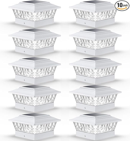 SIEDiNLAR Solar Post Lights Outdoor 12 LEDs 4 Modes Post Cap Light for 4x4 5x5 6x6 Vinyl Wooden Fence Deck Posts Patio Garden Decor, Warm/Cool White Dynamic Lighting (10 Pack, White)