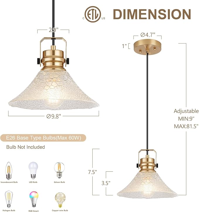 Glass Pendant Lights Kitchen Island 2 Pack Pendant Light Fixtures with Wave Glass Modern Adjustable Hanging Light for Kitchen Sink Dining Room Bedroom