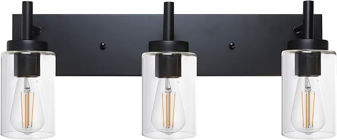 VINLUZ Vanity Bathroom Light Fixture Black 3 Lights Rustic Wall Sconce Lighting with Clear Glass Shade Vintage Porch Wall Lamp （Patent No.: US D958,438 S