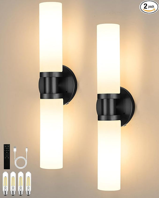 Wireless Battery Operated Wall Sconce Set of 2, Black Easy Install Dimmable Rechargeable Wall Lights with Remote Control, Timer Function for Living Room, Bedroom, Hallway, Stairwell, Entryway 3000K
