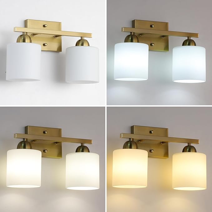 Mecgirn Stainless Steel Milk Glass Vanity Lights for Bathroom, 2 Light Gold Bathroom Light Fixtures Over Mirror, Ceramic E26 Sockets Wall Mounted