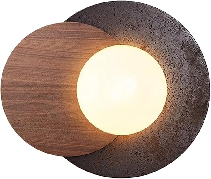 Natural Travertine Wall Sconce, Minimalist Walnut & Stone Wall Light with G9 LED Bulb, Modern Geometric Globe Wall Lamp for Bedroom Bedside, Hallway, Living Room, Warm Organic Decor