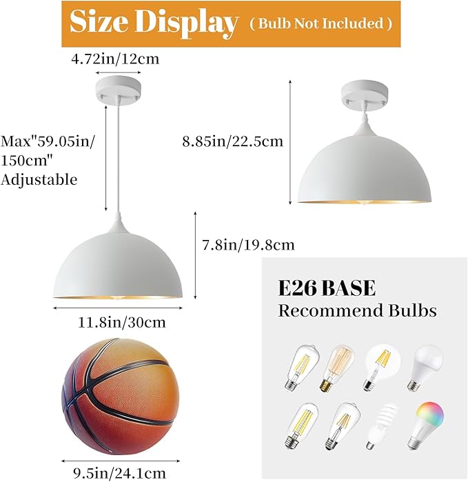 White Pendant Light, 11.8 inches Kitchen Pendant Light 2 Packs, Dome Pendant Lights Kitchen Island, Modern Pendant Lights for Kitchen Dining Room Foyer