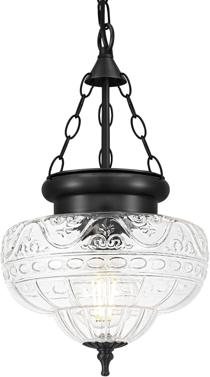 Vintage Pendant Light - Matte Black Pendant Lights Kitchen Island with Floral Glass, Hanging Lighting Fixtures with Adjustable Hanging Chain for Kitchen, Island, Dining Room, Entryway