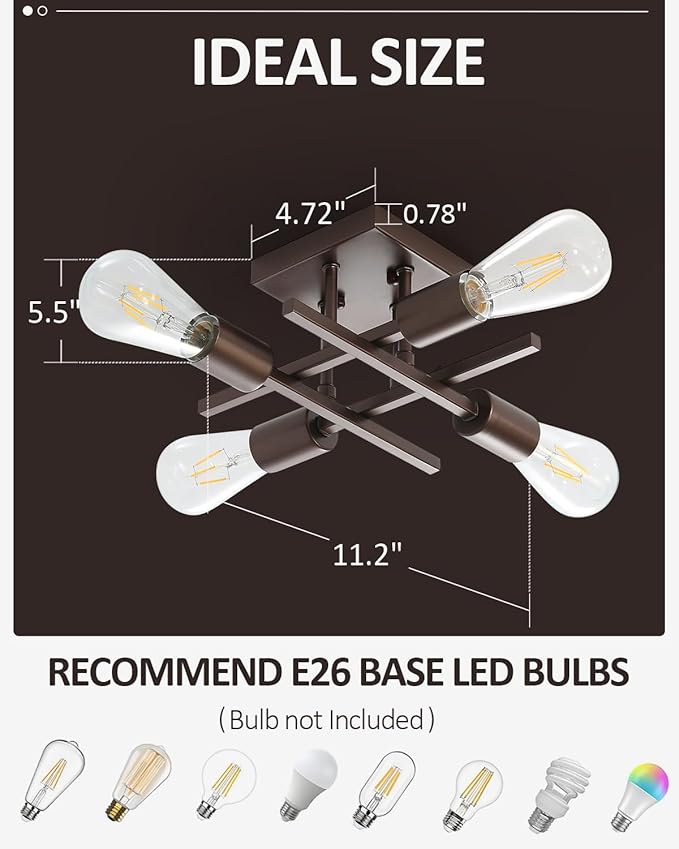 Industrial 4-Light Semi Flush Mount Ceiling Light Fixture, Modern Oil Rubbed Bronze Chandelier Lighting, Farmhouse Sputnik Ceiling Lamp with E26 Bulb Base for Living Room Hallway, 2 Pack