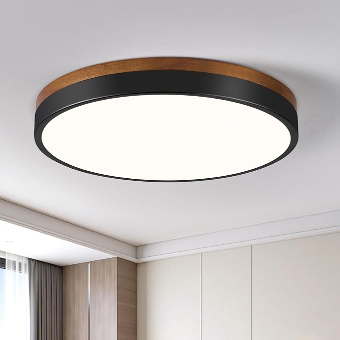 Modern Walnut Wood Black Flush Mount Ceiling Light, 11.81" Round LED Low Profile Close to Ceiling Fixture for Kitchen Bedroom Bathroom Laundry Hallway Entryway Closet Living Room