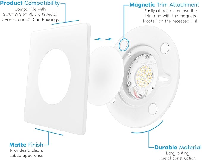 LUXRITE 3-4 Inch Square LED Flush Mount & Recessed Light, 7.5W, 5CCT 2700K-5000K, 650LM, Magnetic Trim, Dimmable Ceiling Can Light, Install to J-Box or 4 Inch Housing, Wet Rated, UL Listed