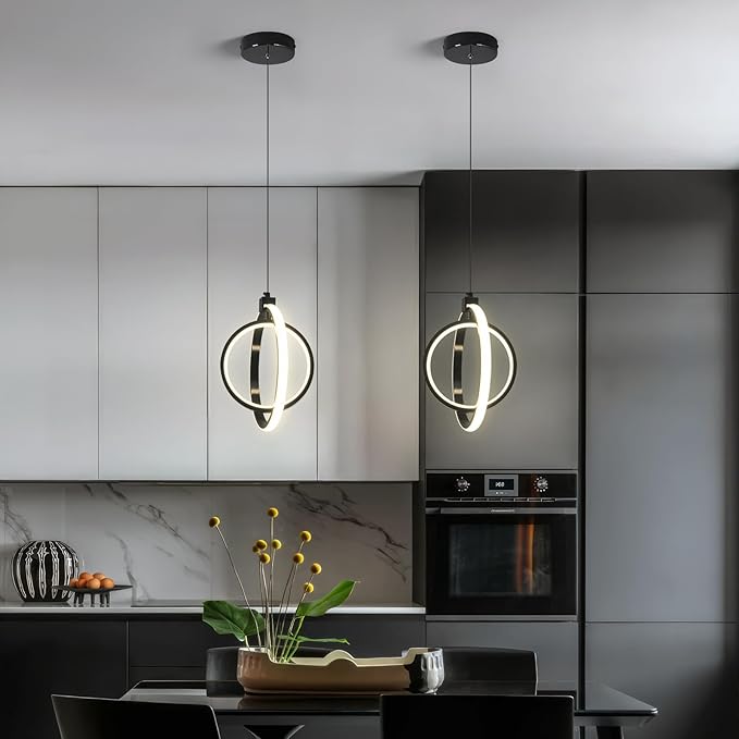 Modern LED Pendant Lights Plated Black Farmhouse Ring Pendant Light Fixtures 4000K Dimmable Round Pendant Lighting for Dining Room Kitchen Island Bedroom Living Room Foyer（3-Pack）