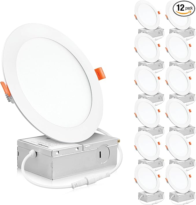 PARMIDA (12 Pack) 6 Inch Ultra-Thin LED Recessed Ceiling Light with Junction Box, 12W, Dimmable Canless Wafer Slim Panel Downlight, IC Rated, ETL-Listed - 4000K