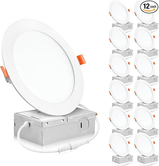 PARMIDA (12 Pack) 6 Inch Ultra-Thin LED Recessed Ceiling Light with Junction Box, 12W, Dimmable Canless Wafer Slim Panel Downlight, IC Rated, ETL-Listed - 3000K