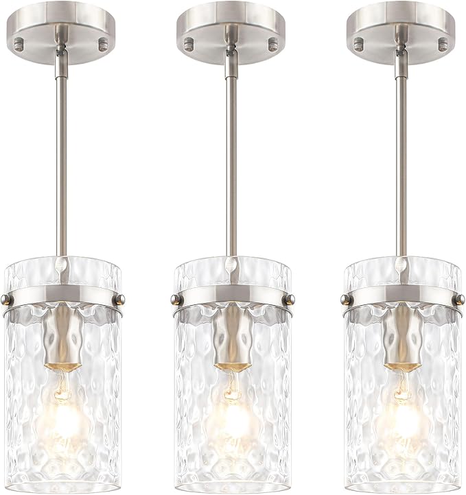 3 Pack Brushed Nickel Pendant Lights Kitchen Island, Modern Hammered Glass Pendant Lighting Over Island Hanging Bathroom Light Fixtures Adjustable Mini Pendant Light for Hallway Entryway Dining Room
