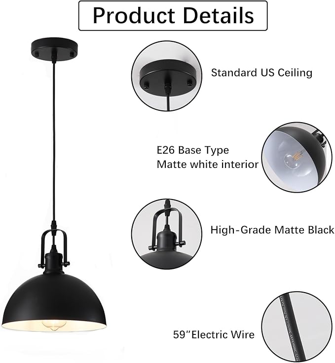 Pendant Lights, Modern Matte Black Metal Hanging Light Fixtures, Adjustable Height Industrial Pendant Lighting for Kitchen Island Dining Room Bedroom Bar Office 9.84”