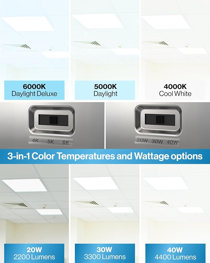 Sunco 6 Pack 2x2 LED Flat Panel Light for Drop Ceiling, Commercial Troffer Replacement Lighting Fixture, 4400 LM, 40W, Selectable CCT 4000K/5000K/6000K, Dimmable (0-10V), Dustproof ETL