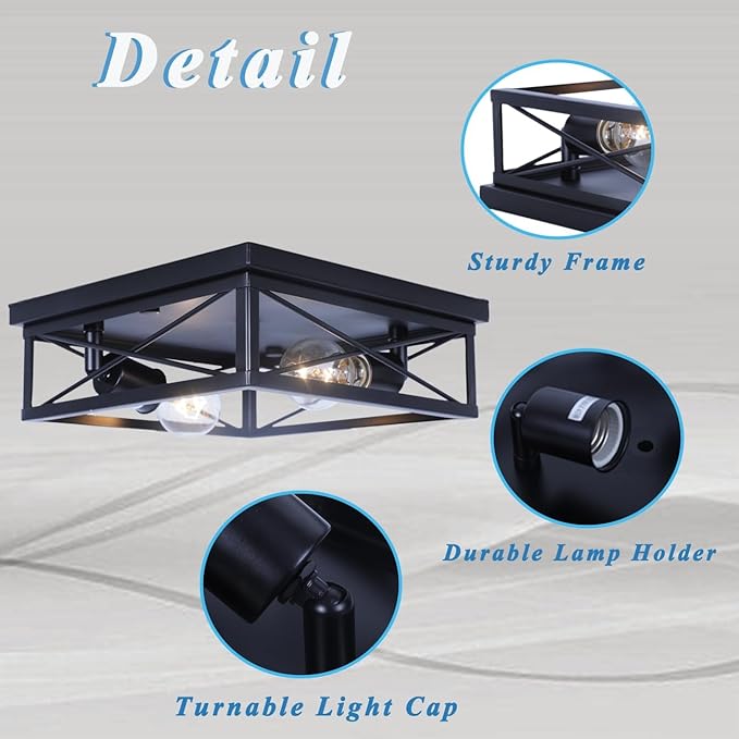 COTULIN 2-Pack Farmhouse Black Flush Mount Ceiling Lights, Industrial Square Metal Cage Light fixtures for Bedroom Hallway Kitchen Balcony Porch Stairway