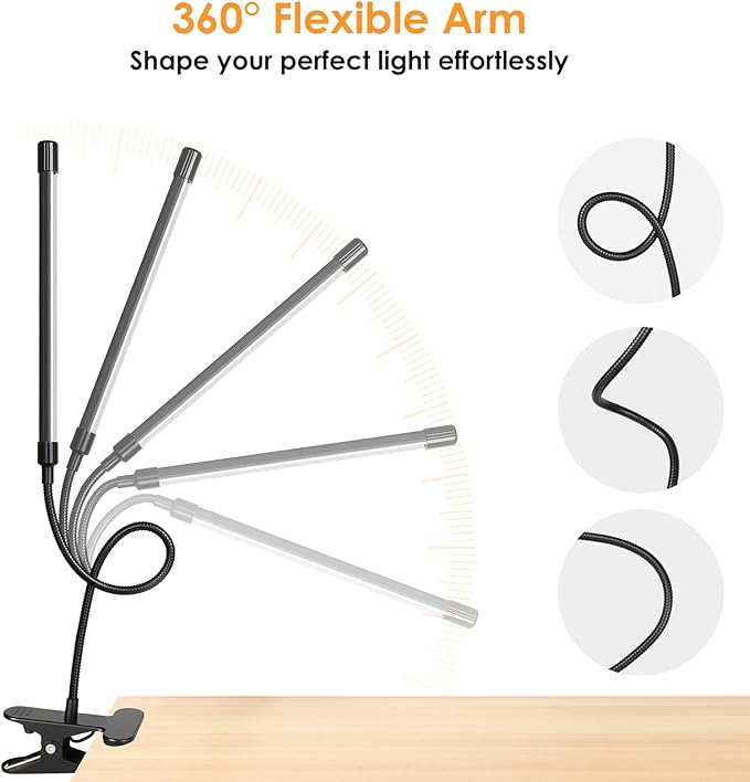 ShineTech LED Desk Lamp with Clamp, 3-Head Ultra-Wide Lighting, 4 Color Modes, Adjustable Gooseneck Task Lamps, Eye-Safe Dimming, Memory & Auto-Off Timer, Desk Light for Home Office, Study, Reading