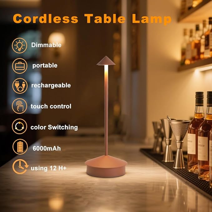 EJQ Cordless Table Lamp,Bedside Table Lamp for Bedroom,6000mAh Battery Operated Portable LED Desk Lamp,3 Way Dimmable Touch Lamp Rechargeable USB Charging Ports for Restaurant/Patio/Outdoor(Brown)