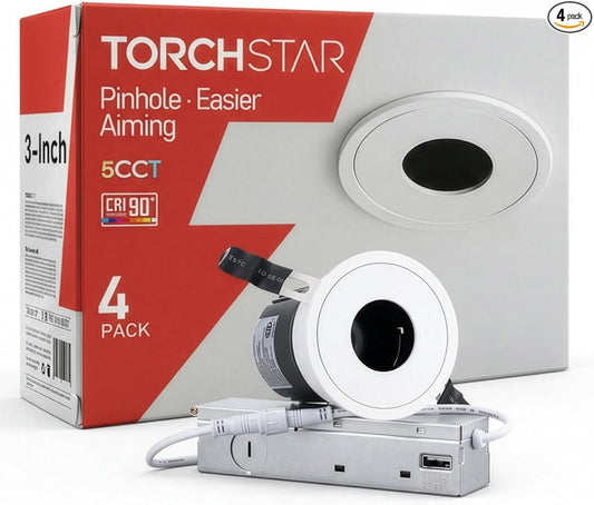 TORCHSTAR 3 Inch 5CCT LED Pinhole Recessed Lights with J-Box, 30° Ultra-Narrow Trim Recessed Ceiling Spotlight, IC Rated, Dimmable, Anti-Glare, CRI 90, 2700-5000K, ETL FCC, Pack of 4