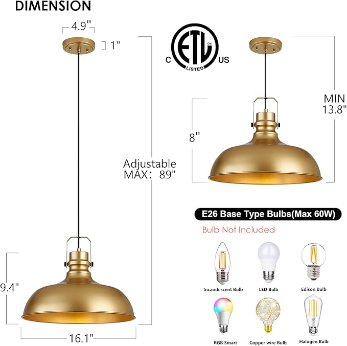 Gold Farmhouse Pendant Lights 16 Inch Matte Pendant Lighting for Kitchen Island Industrial Adjustable Height Vintage Dome Hanging Light Fixtures for Barn, Dining Room 1 Pack