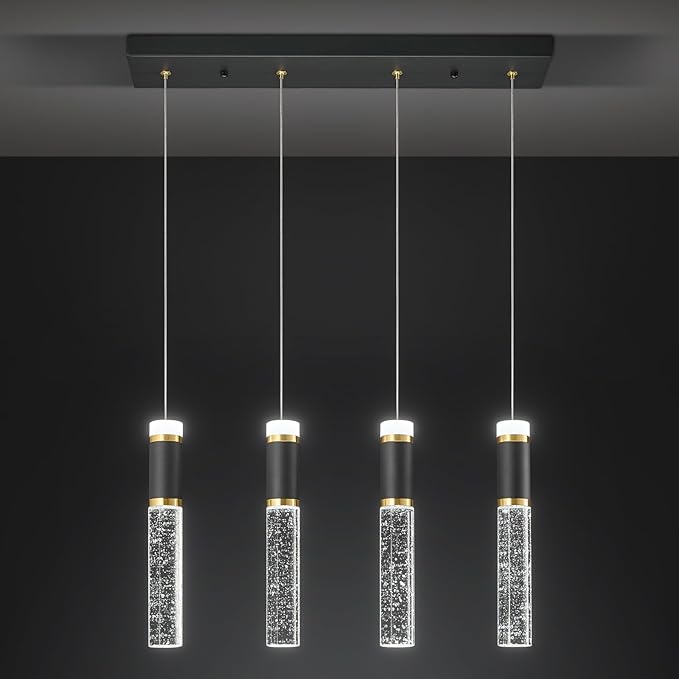 4-Light Pendant Light Fixture, Dimmable LED Kitchen Island Lighting with Bubble Crystal Shades, Modern Black Gold Metal for Dining Room, Foyer, Easy Installation