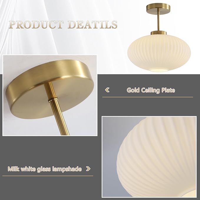 KCO Lighting 11.8‘’ White Ribbed Glass Semi Flush Mount Ceiling Light Large Milk Glass Ceiling Lights Fixture Brushed Gold Flush Mount Bathroom Light Mid Century Modern Entry Lights