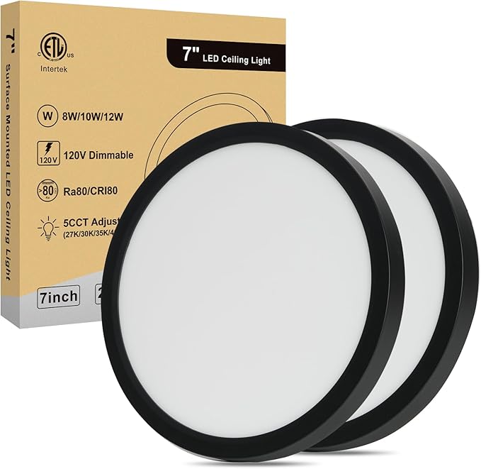 7 Inch LED Flush Mount Ceiling Light, Dimmable 5CCT Selectable, 100W Equivalent Incandescent, 12W 1000Lm Modern Kitchen Recessed Ceiling Lamp for Bathroom Closet Laundry Hallway, 7 Inch 2Pack Black