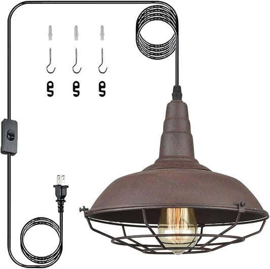 DAYCENT Industrial Plug-in Pendant Light Barn Style Hanging Lamp with Wire Caged Swag Light Fixture for Bedroom Hallway Kitchen Living Room, On/Off Switch