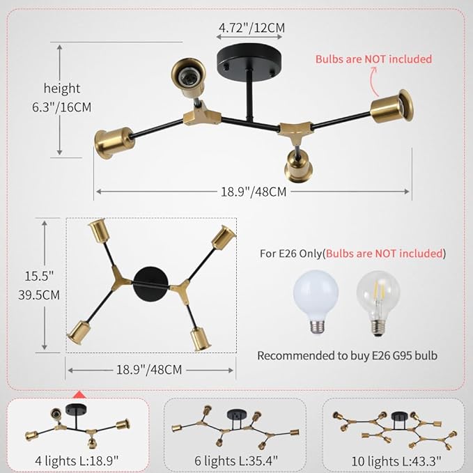 Modern Semi Flush Mount Ceiling Light,Mid Century 4 Light Lighting Fixture for Dining Room Bedroom Kitchen Foyer Entryway Hallway,Metal Gold and Black Sputnik Chandelier