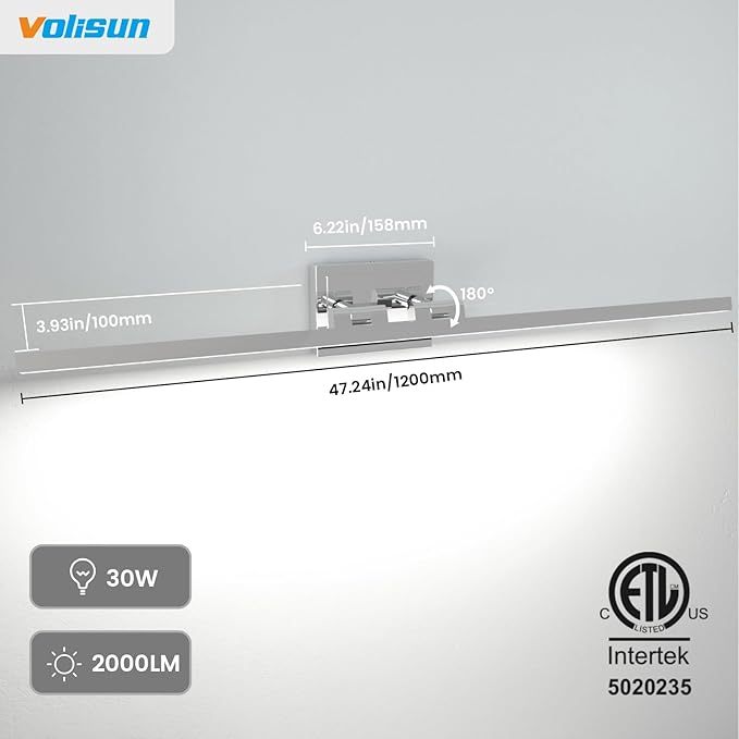 VOLISUN Modern Bathroom Vanity Light 48 inch, Rotatable, 30W Dimmable 5CCT Led Bathroom Light Fixture Over Mirror, Chrome Vanity Light for Bathroom Mirror Cabinets-ETL Certificated