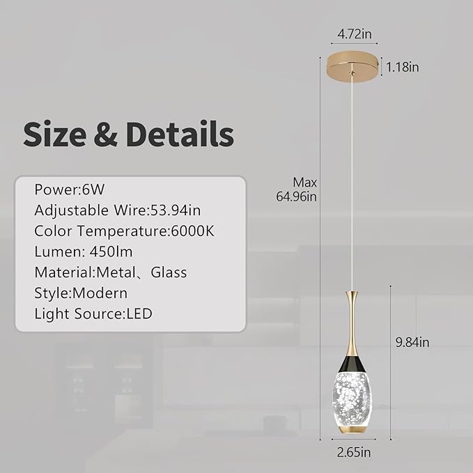 Modern Black Gold Pendant Light Dimmable LED Ceiling Light Fixtures Mini Teardrop Crystal Pendant Lighting for Kitchen Island Dining Room Bedroom Hallway Entryway (1-Pack，Champagne Gold)