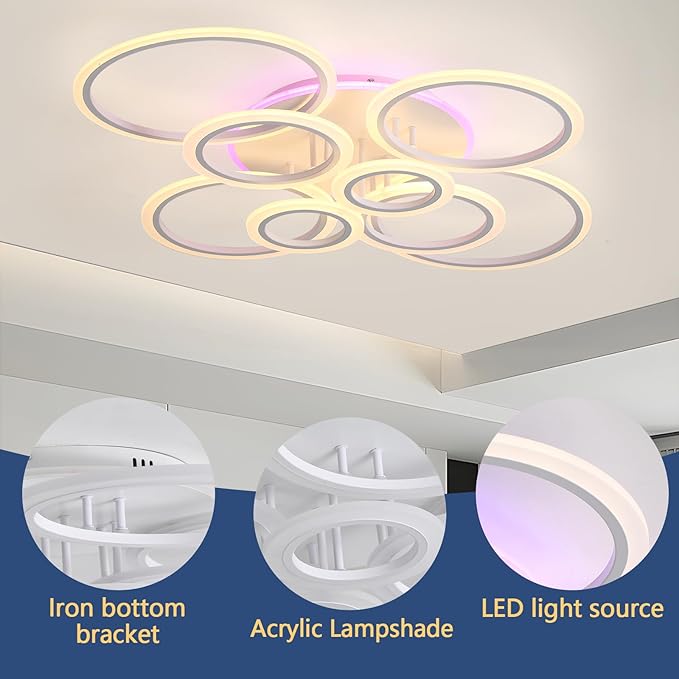 Modern LED Ceiling Light,41.3'' Dimmable Flush Mount Ceiling Lights with Remote,Acrylic Round Ceiling Lighting Fixture for Living Room Dining Room Bedroom Kitchen(White,8 Rings,80W)