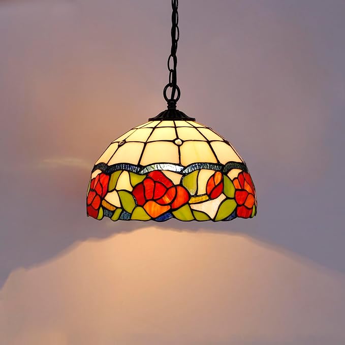 Tiffany Pendant Light Plug in Stained Glass Hanging Lamp Wide 12 Inch, Chain 33 Inch, Cord 15 Feet -Rose Flower Style