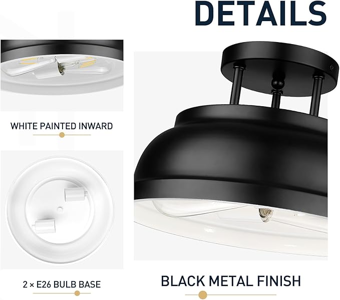 zeyu 12'' Industrial Semi Flush Ceiling Light, 2-Light Flush Mount Ceiling Lamp for Bedroom Dining Room, Metal Dome Shade in Black Finish, ZY29-F BK