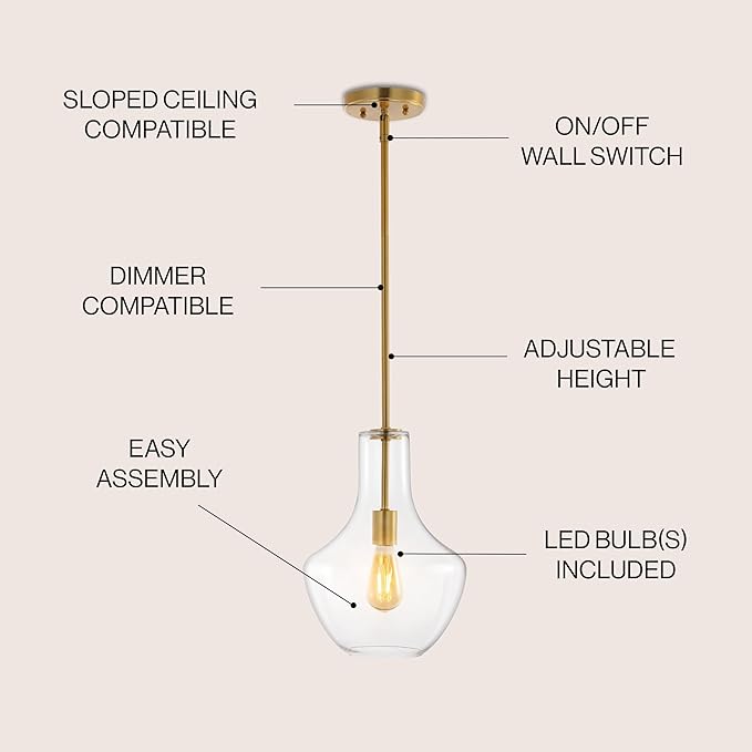 JONATHAN Y 10.5" Brass Gold/Clear Mid-Century Modern 1-Light LED Pendant Light Fixture, Adjustable Schoolhouse Hanging Lamp for Kitchen Island, Clear Glass Shade, LED Bulb Included (JYL6400C)