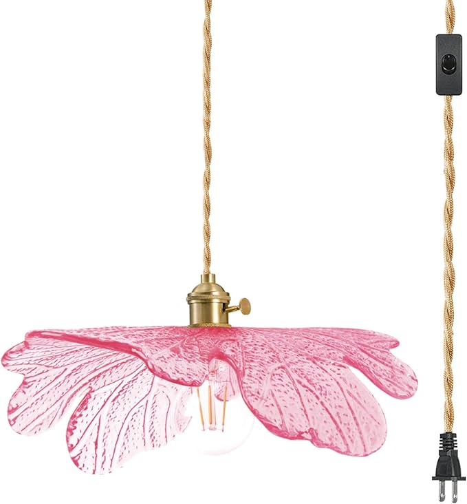 Pink Glass Flower Petal Hanging Light Plug in Pendant Light for Ceiling, 15.7" Gold Mid Century Boho Ceiling Pendant Lighting for Bedroom Living Dining Room, Beautiful Light Fixtures