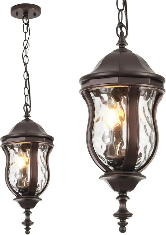 Large Outdoor Pendant Light Fixtures, 19.1'' Exterior Hanging Lantern Porch Light Adjustable, Brown Hanging Lamp Farmhouse Exterior Chandelier Ceiling Mount for Entrance Patio
