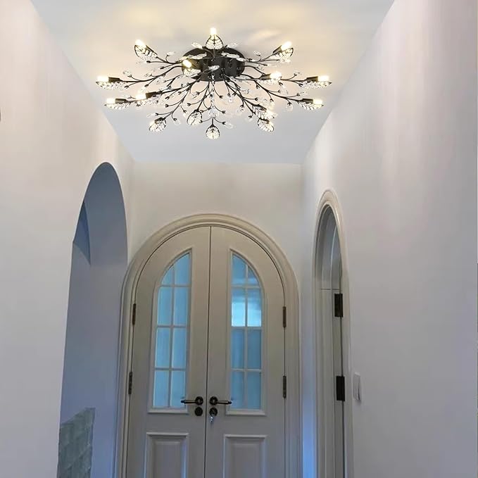 Crystal Ceiling Light Fixture Semi Flush Mount Ceiling Light Fixture Black Leaves Chandeliers Lighting for Bedroom Living Room Dining Room Kitchen Hallway Foyer