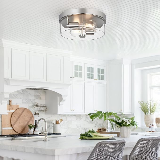 Flush Mount Ceiling Light Fixtures, 2-Light 12 Inch Brushed Nickel Close to Ceiling Light Fixtures with Clear Glass Shade Ceiling Light Fixture for Porch, Hallway, Bathroom, Dining Room and