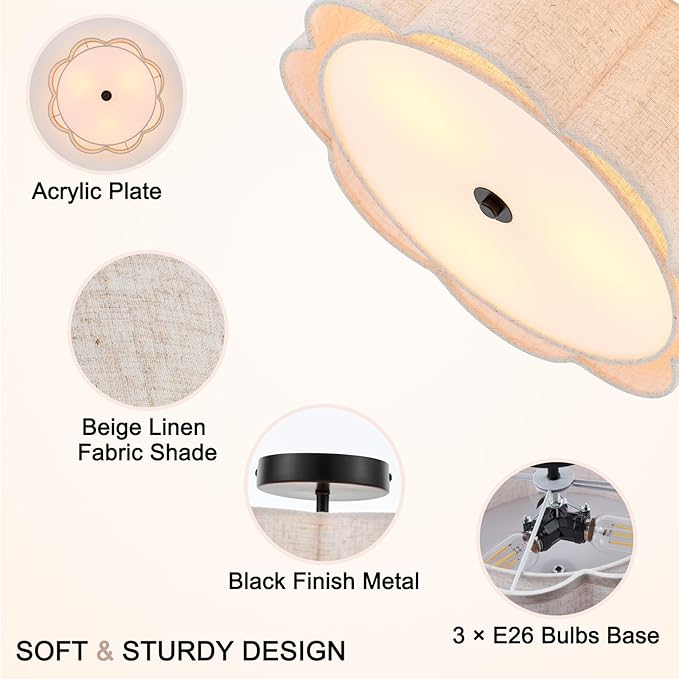 Semi Flush Mount Ceiling Light, Beige Linen Fabric Shade Ceiling Light, Black Modern Farmhouse Close to Ceiling Light for Bedroom, Hallway, Living Room, Dining Room, Laundry Room