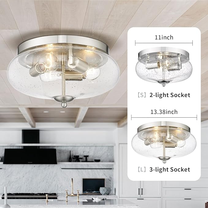 Darkaway Large Ceiling Light Fixtures 3-Ight Flush Mount Indoor Outdoor Ceiling Light with Seeded Glass Shade for Hallway Kitchen Bedroom Porch Living Room Dining Room Nickel Finish