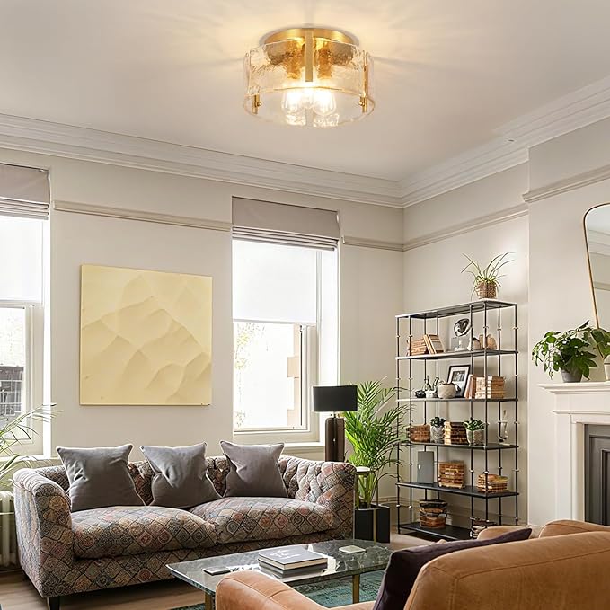 Gold Semi Flush Mount Ceiling Light Fixture, Modern Flush Mount Ceiling Lights, 3-Light Glass Drum Fixture for Dining Room, Farmhouse Foyer Lighting Fixtures for Kitchen, Entryway, Hallway, Bedroom