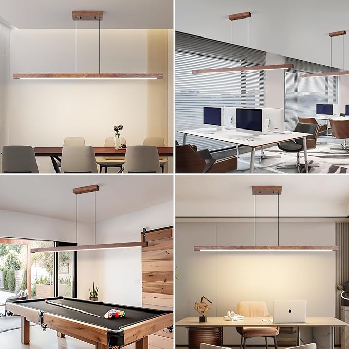 Modern Wooden Pendant Light, 47IN Walnut Wooden Chandelier with Remote Control 3000k-6500K Adjustable Color Temperature，Aluminum Island Lighting Lamp for Dining Room, Living Room