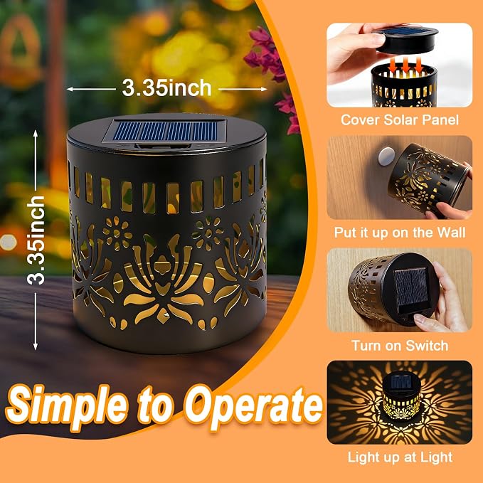 4 Pack Solar Fence Lights, Metal Solar Powered Outdoor Wall Lights with Flower Pattern,Waterproof Deck Step Lights for Garden Patio Backyard Decor, Unique Gardening Gifts for Women Mom Grandma
