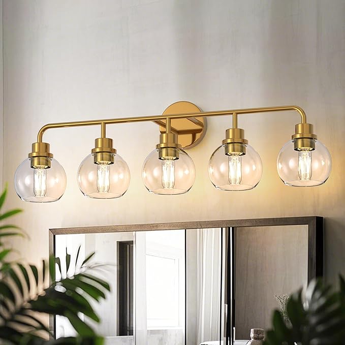 DORESshop 5-Light Bathroom Light Fixtures, 32.67-Inch Gold Bathroom Vanity Light with Clear Glass Globe Shade, Modern Vanity Lights for Bathroom Living Room Hallway Bedroom, E26, ETL Listed