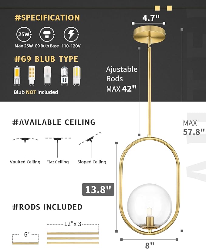 AUTELO Gold Pendant Lights, 1-Light Pendant Lights Kitchen Island in Brushed Gold Finish with Clear Globe Glass, Mid Century Pendant Light Fixtures, Gold Hanging Lights for Kitchen Island H9376 CLBG