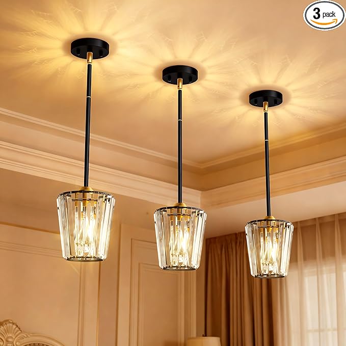 Crystal Pendant Lights Kitchen Island 3 Pack, Modern Black Gold Pendant Light Fixtures Mini Adjustable Chandeliers for Kitchen Island Dinning Room Bedroom Hallway with E26 Base (Bulbs Not Included)