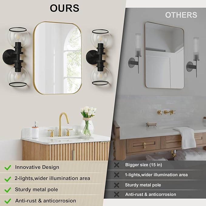 Wall Sconces Set of Two, Black Bathroom Sconces with Clear Glass, Hardwired Modern Wall Light Fixtures for Bathroom,TV Room,Mirror,Living Room,Hallway,Bedroom