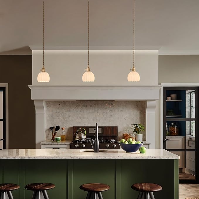 Shenmoyl Pendant Light with White Tulip Glass Lmapshade, Brass Vintage Pendant Light Adjustable Hanging Light for Kitchen Island Dining Room Hallway