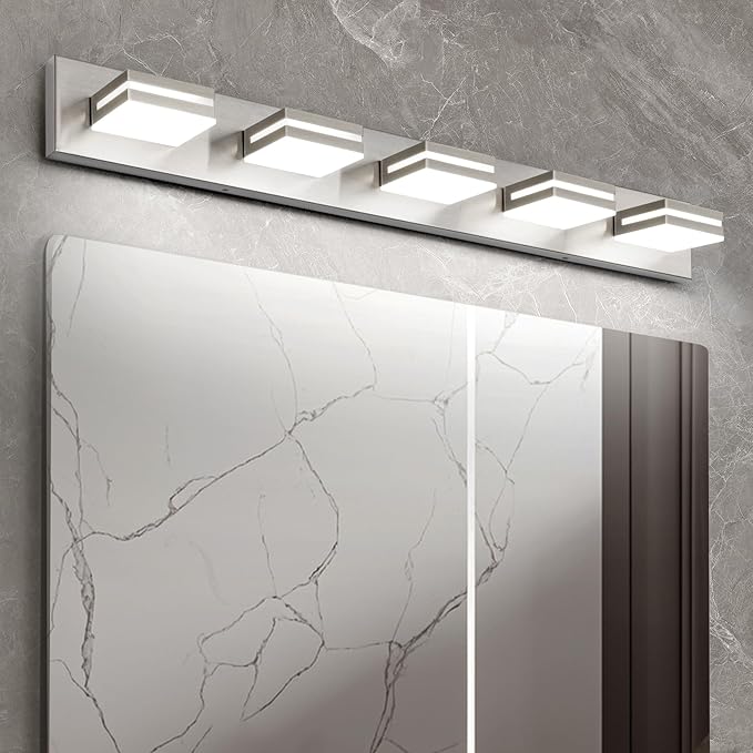 OKELI 5 Light Bathroom Vanity Light Brushed Nickel Modern 36W LED Dimmable Vanity Light Over Mirror 350° Adjustable Lamp Head Cold White 6000K ETL Listed 36.2Inch
