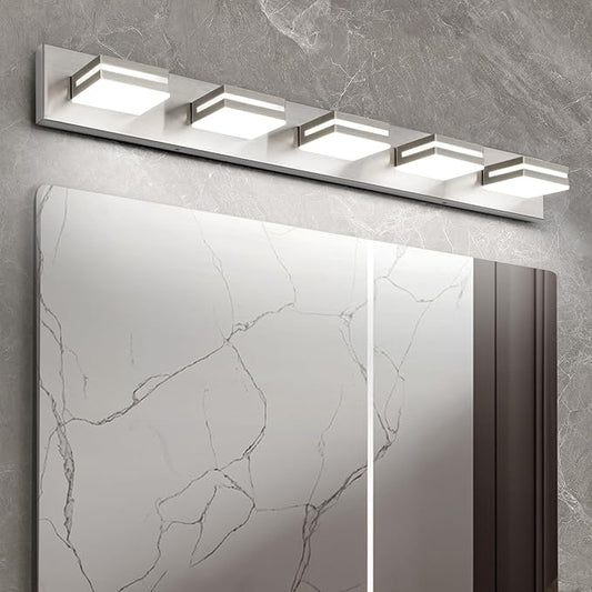 OKELI 5 Light Bathroom Vanity Light Brushed Nickel Modern 36W LED Dimmable Vanity Light Over Mirror 350° Adjustable Lamp Head Cold White 6000K ETL Listed 36.2Inch